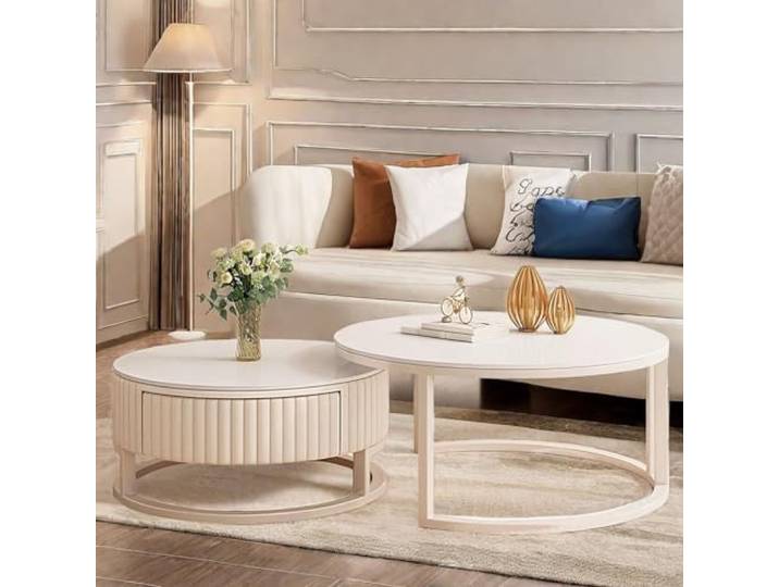 HRXQ Nesting Couchtisch Rund 2er Set, Einfache Wohnzimmertisch Mit Schublade, 50+70cm WeiB Sofatisch Kaffeetisch Satztische