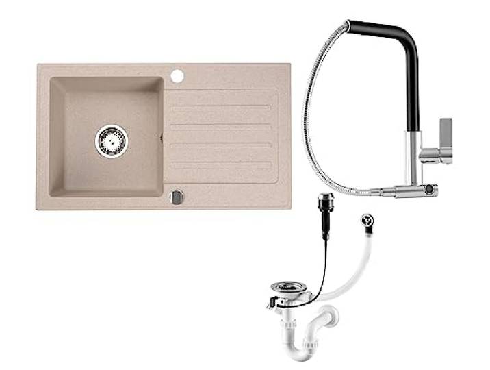 Faizee Möbel Granitspülen Set 75x44 beidseitig Montierbar Küchenspüle mit Armatur Side und Siphon Hochwertig Granit Beige