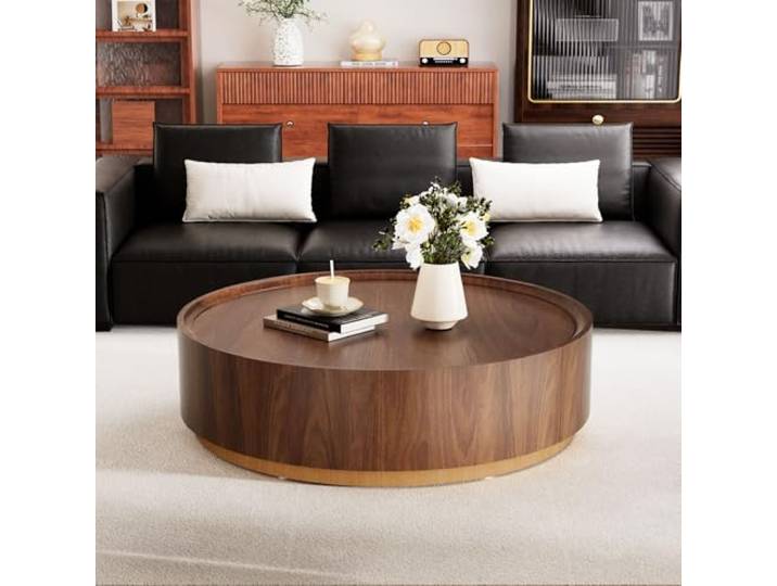 YYZIWYUN Runder, Brauner Couchtisch Mit Stauraum Moderner Runder Couchtisch Aus Holz Einzigartiger Runder Beistelltisch Für Wohnzimmer Und Kleine Wohnungen Einfache Montage,Brown 35.4
