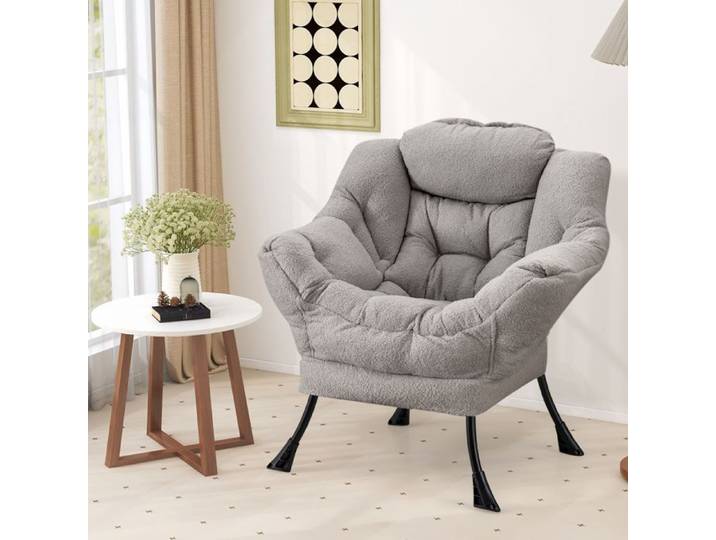GIANTEX Fauteuil Relax avec Oreiller+ Poche Latérale- Fauteuil Rembourré Moderne- Cadre en Fer- pour Salon/Bureau/Chambre- Gris