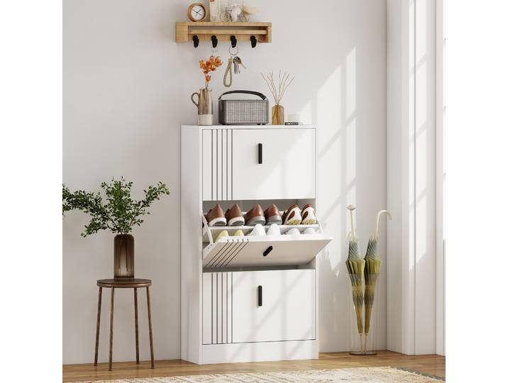 HOMCOM Armoire à Chaussures 3 Abattants Bois Blanc 18 Paires