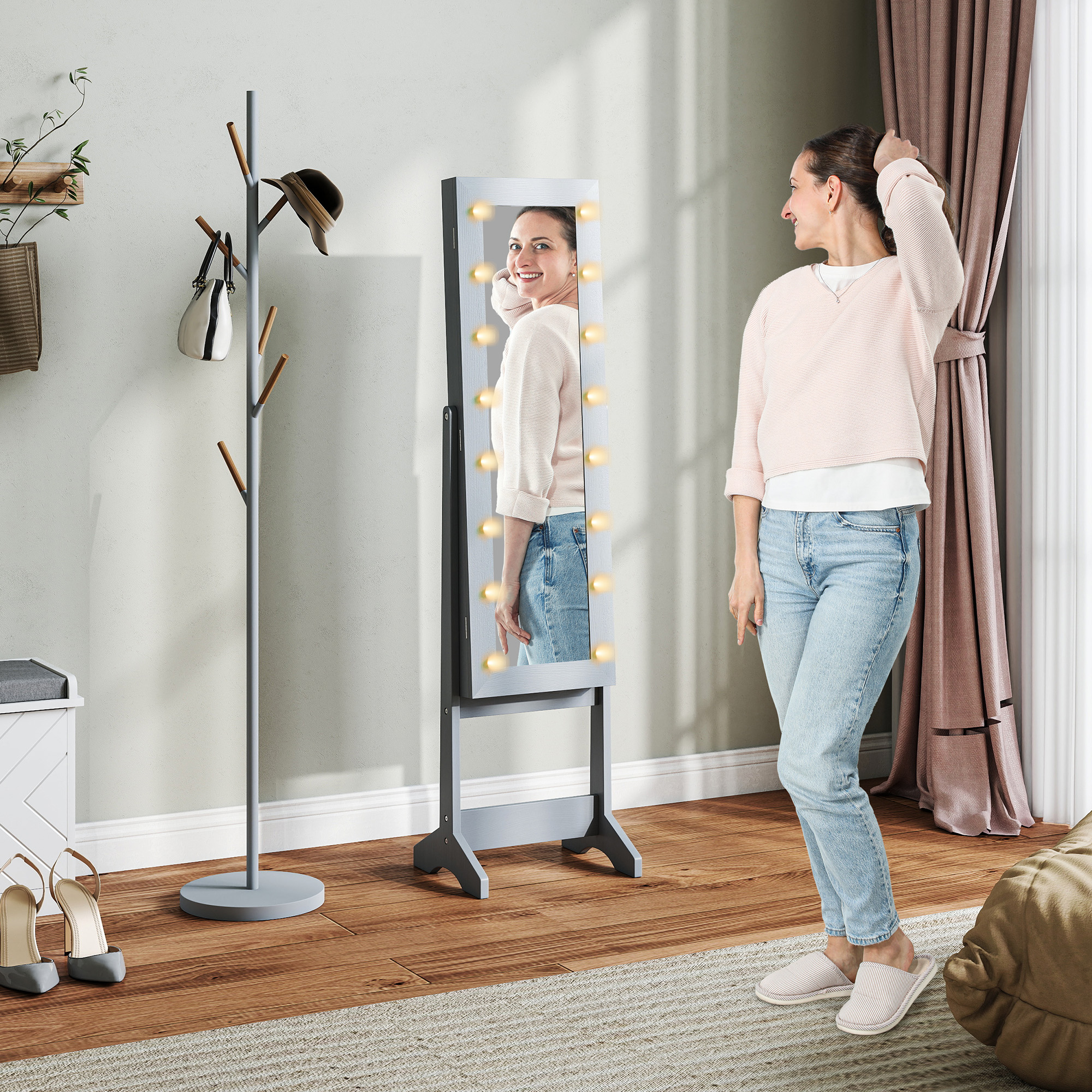 Homcom Portagioie LED da Terra con Specchio Intero Regolabile, Grigio   Aosom Italy
