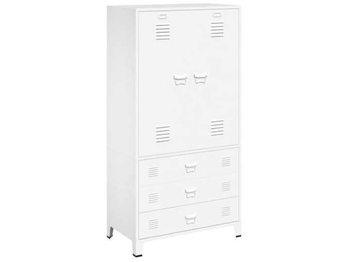HWKQEQRF Industrial Kleiderschrank Weiß 90x50x180 cm Metall 2 Einlegeböden, 1 Kleiderstange, Namensschildhalter, Lüftungsschlitze, Metall, feucht abwischbar, Industrial Style