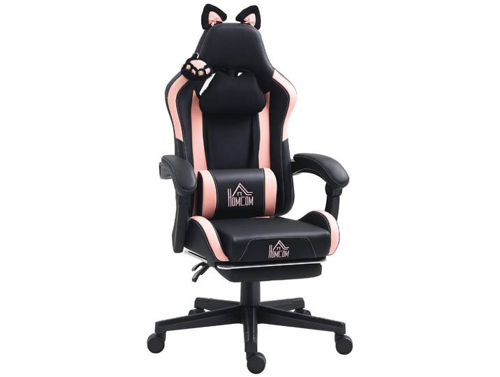 ComfortXL Gamingstuhl De-11855 mit Katzenohren & 135° Neigung Schwarz, Kunststoff, 62x124x65 cm, Büromöbel, Bürostühle, Gaming-Sessel