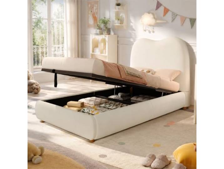DUlVBPE Polsterbett, Einzelbett, Kinderbett 90 x 200cm, hydraulisches Funktionsbett, Bett mit Lattenrost, Kopfteil und großem Stauraum, gepolstertes Kopfteil, samt, beige
