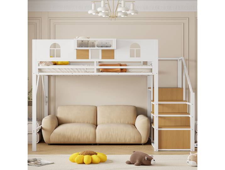 Lit superposé unique avec espace de rangement surélevé 140x200 cm avec structure métallique stable et échelle métallique KOMHTOM