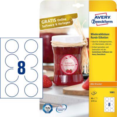 AVERY® Zweckform Klebeetiketten, blanko, Ø 65 mm, rund, für alle Drucker, weiß
