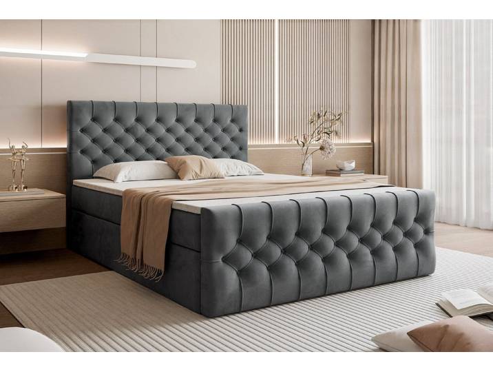 Goldstoff Boxspringbett TAURIEL mit Federkernmatratze & Topper, zwei Bettkästen (von 120 bis 200x200 cm), modernes Doppelbett aus Velvet Stoff mit edlem Kopfteil