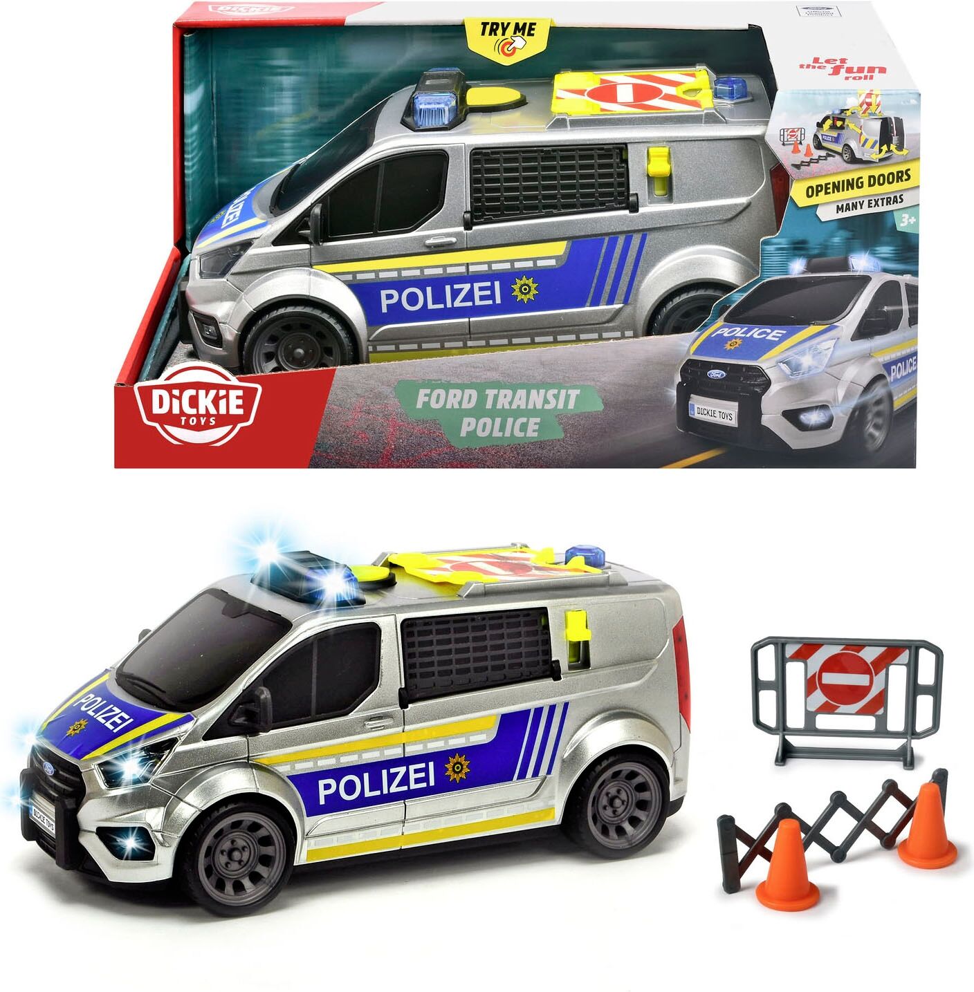 Spielzeug-Transporter DICKIE TOYS "Ford Transit Police", silber (silber, blau), Spielzeugfahrzeuge, KinderT:28cm, Kunststoff, Spielzeug-Transporter, mit Licht und Sound, T:28cm