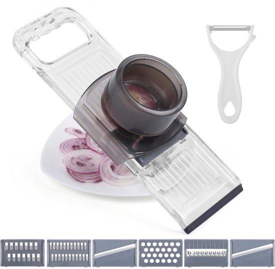 Unyqoos Keukenmandoline 6-in-1 – Verstelbare groentesnijder met roestvrijstalen messen, julienne snede, golvende snede, plakjes, mixeraanhangsel en schiller