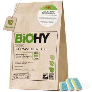 BiOHY Spülmaschinentabs All-in-One Tabs, biologisch abbaubar, vegan, mikroplastikfrei, 100 Tabs