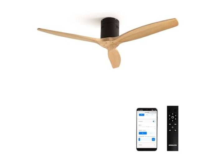 CREATE/WINDCALM DC/Zwarte DC-motorplafondventilator met natuurlijke houten messen/Stil, timer, met WIFI