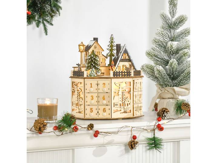 HOMCOM Calendrier Avent Bois LED 24 Tiroirs Village 25x20x29cm