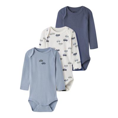 Langarmbody NAME IT "NBMBODY 3P LS CAR NOOS", Jungen, Gr. 50, N-Gr, blau (jet stream pack:w, ashley blau, vintage indigo), Jersey, Obermaterial: 100% Baumwolle, bedruckt, amerikanischer Ausschnitt, Bodys, Baumwolle
