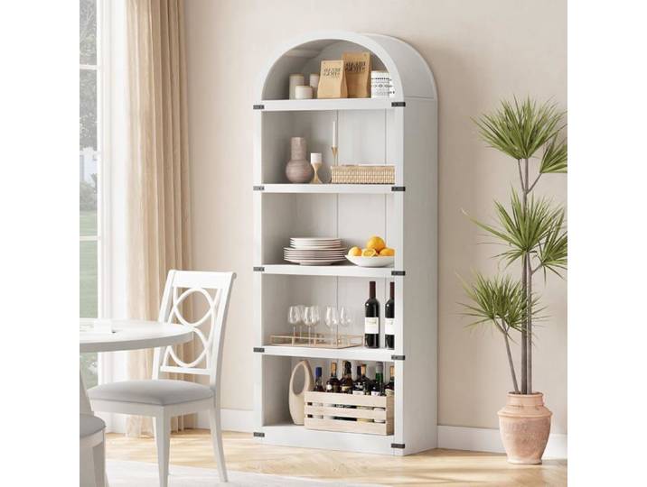 Bibliothèque cintrée - LUNSY - 182x76x30 cm - Blanc - 5 étagères - Espacement 31 6 cm - MDF haute qualité