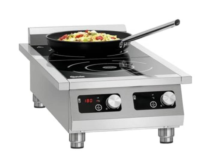 Bartscher Induktionskocher 2P 35-1 TCK mit 2 Kochstellen, 7 kW Leistung, Edelstahl-Glas, für Topfgrößen bis 280 mm, Auftischgerät für Gastronomie