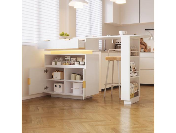 STILVORA Bartisch ausziehbar mit Stauraum und LED-Beleuchtung, Kücheninsel mit 360° Drehfunktion, Küchentisch als mobile Kaffeebar Weiß