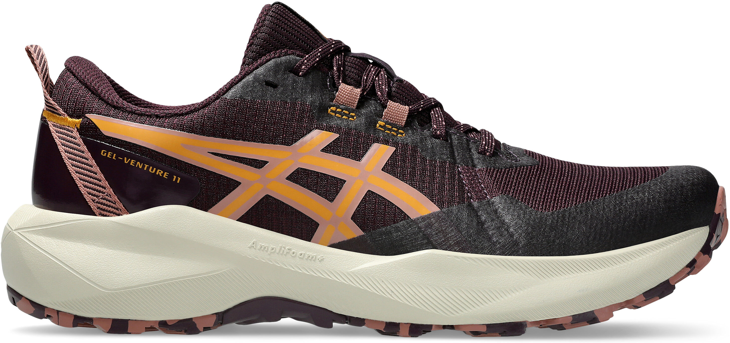 Trailrunningschuh ASICS "GEL-VENTURE 11", Damen, Gr. 37,5, lila (schwarz aubergine, sandstorm), Synthetik, Schuhe Trailrunningschuh, mit profiliertem Gummi-Laufsohlenprofil, mit AMPLIFOAM PLUS Dämpfung