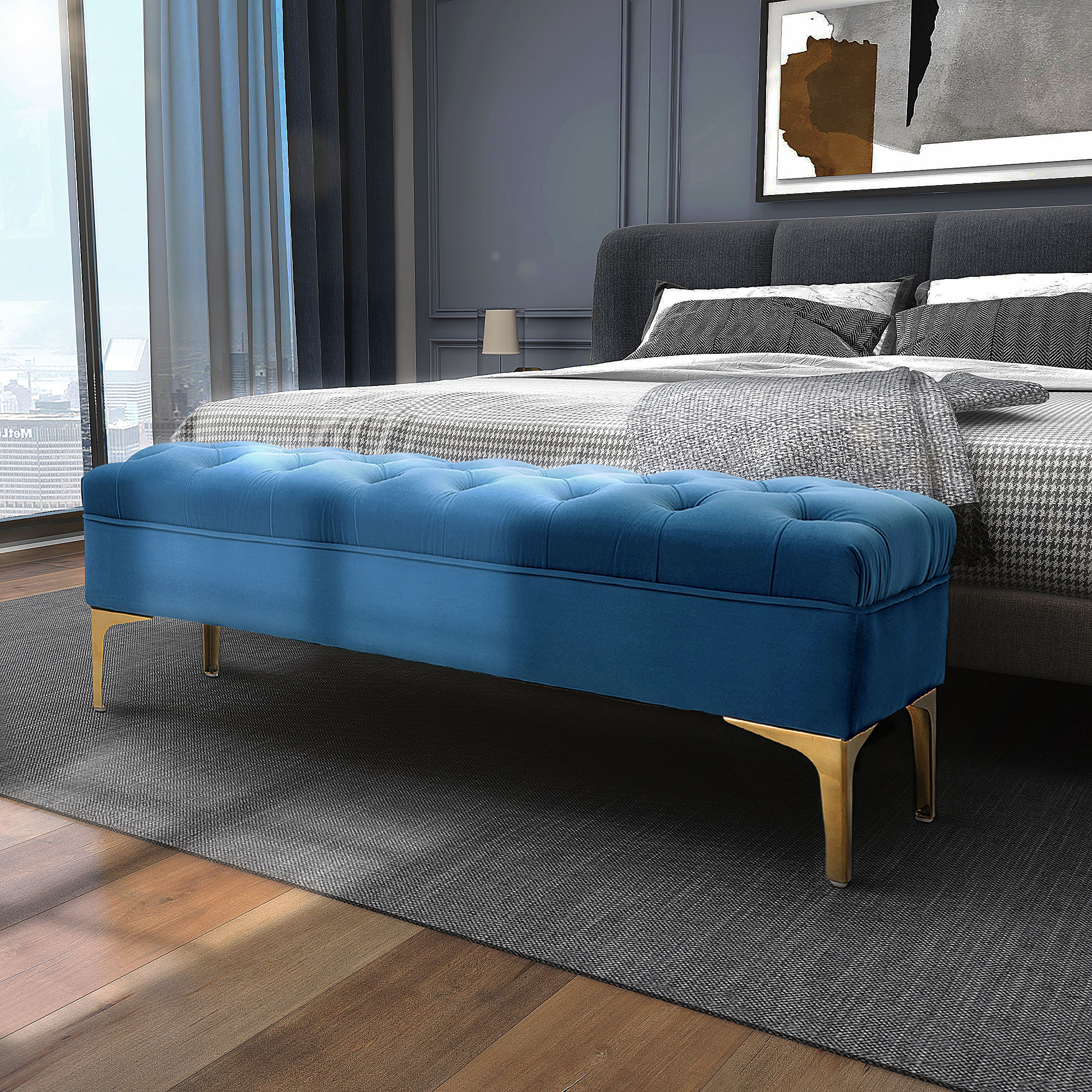 Homcom Panca Imbottita Fondoletto in Tessuto Vellutato, Panca per Camera da Letto e Ingresso con Decorazione a Trapunta, Piedini in Metallo, Blu Aosom