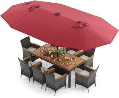 Costway 11 Pieces Patio Dining Set with 15 Feet Double-Sided Patio Umbrella Base Included-Wine