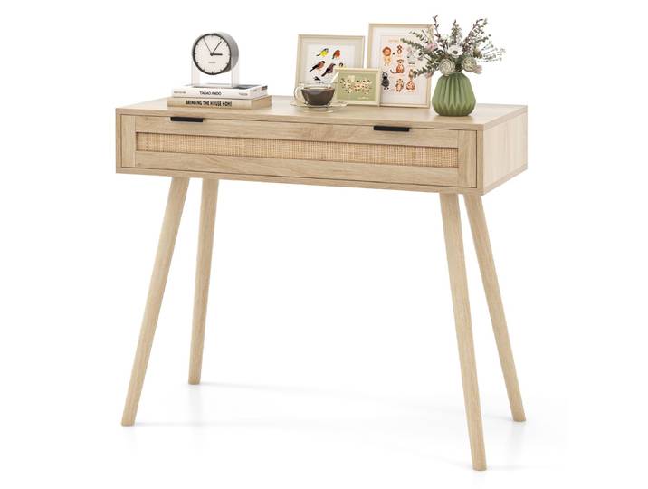 Rotan Consoletafel met Schuiflade Haltafel in Bohemian-Stijl Houten Salontafel Kaptafel Natuurlijk