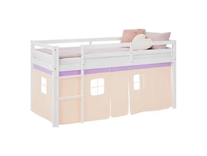 Homestyle4u Hochbett 90x200 cm Beige Kiefer Massivholz mit Vorhang & Leiter Robustes Kinderbett inkl. Lattenrost, Rausfallschutz & Spielhöhle - Naturholz-Bettrahmen für Mädchen & Jungen