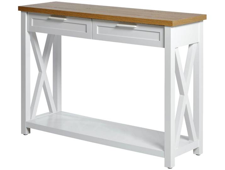 Konsolentisch JAHNKE Chalet , braun (montana eiche, weiß, weiß, montana eiche), B:110cm H:77,2cm T:34cm, Tische, Konsolentisch, Konsolentisch mit 2 Schubladen und Ablage, Landhausstil, X-Design
