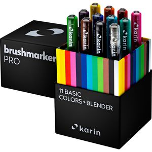 karin Brush-Pen 27C1N Brushmarker PRO Basic Colours, farbig sortiert, Pinselspitze, 11 Stück