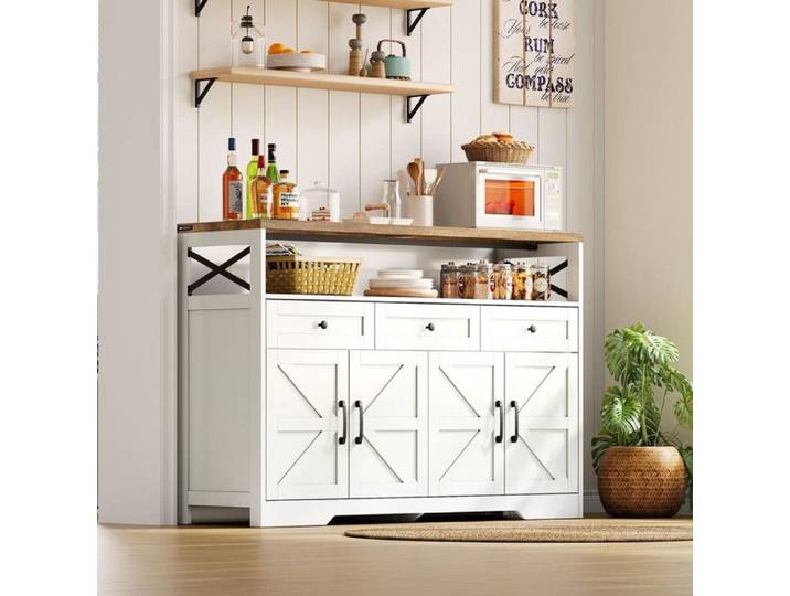Buffet buffet 140cm avec espace de rangement bar à café avec 3 tiroirs Buffet de cuisine avec portes armoires avec étagères