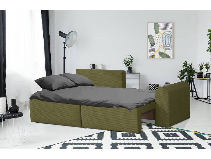Ecksofa Runer mit Schlaffunktion Grün Cordstoff Poppy 250 x 94 x 151cm Longchair beidseitig montierbar Modern