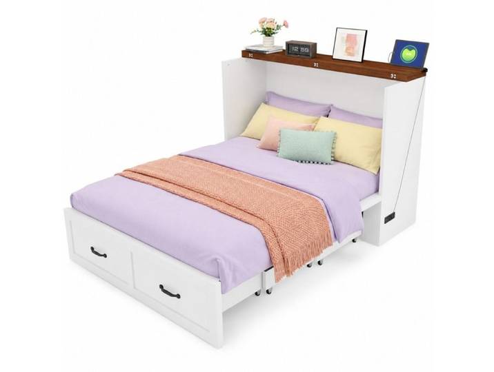 Lit escamotable 140x200 cm armoire avec rangement cadre en métal prise intégrée roulettes silencieuses FOLYNA