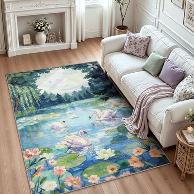 Bluebell Impressionist Oil Painting Area Rug, Soft Cashmere Swan Lake Floor Rug