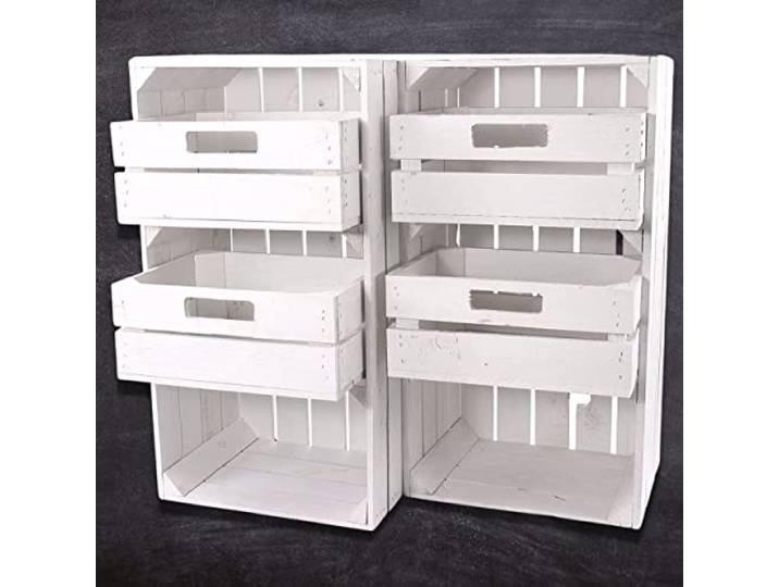 Truhenking Weiße Regalkiste mit 2 Schubladen 68cm x 40cm x 31cm Obstkisten Schrank Holzbox Shabby chic Weiss Nachttisch Nachtschrank DIY modern Möbel Garten Weinkisten (2 Kisten)