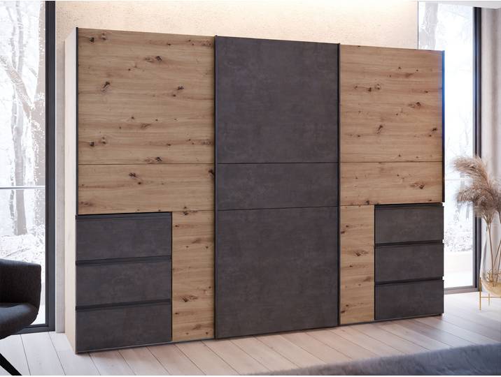 Schwebetürenschrank FORTE, grau (artisan eiche, betonoptik dunkelgrau), B:269,7cm H:200,5cm T:61cm, Dekorfolie, Holzwerkstoff, Metall, Schränke, Schwebetürenschrank, Schwebetürenschrank, Stauraum, 6 Schubkästen, erhältlich in 2 Dekoren