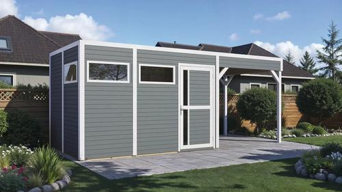Gartenhaus Bertilo Cubus 3 Lounge inkl. Bodenplatte, Schleppdach 559 x 240 cm hellgrau