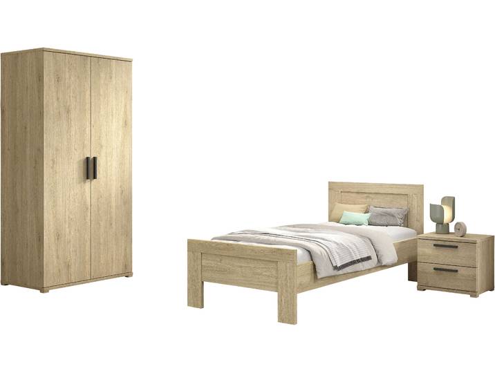 Jugendzimmer-Set VIPACK SAM - Bett, Nachtkonsole, Kleiderschrank 2-trg., gradliniges Design , braun (eiche dekor), ohne Matratze, B/H: 90cm x 200cm, Schlafzimmermöbel-Sets, Jugendzimmer-Set