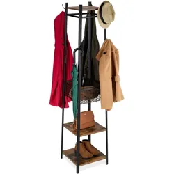 Relaxdays Garderobenständer Haken, Ablagen & Korb Braun,Schwarz