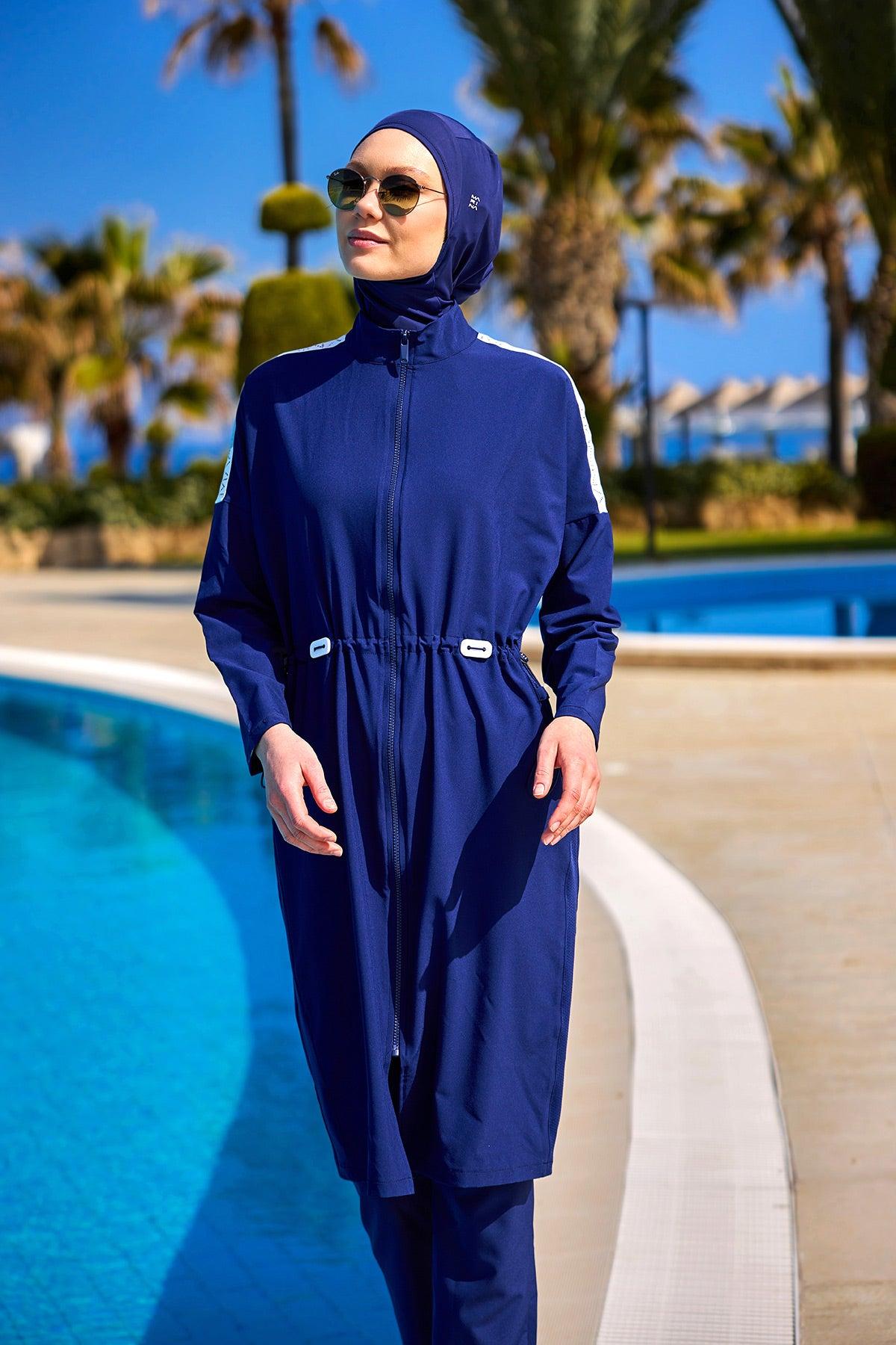 Marineblauwe, bescheiden badmode Burkini-set met volledige dekking