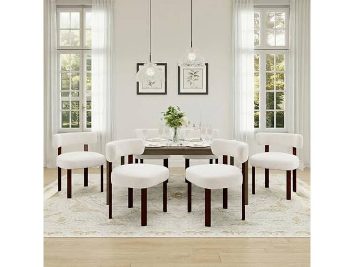 COLAMY Mid-Century Modern Design Sherpa Esszimmerstühle 6er Set, Vintage Landhaus-Stil Bouclé Küchenstühle mit offener geschwungener Rückenlehne für Esszimmer, Restaurant, Beige
