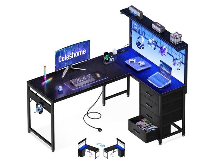Bureau Gaming en L d'Angle 130cm avec LED Rangement et Prise USB - Noir - Bureau Gamer Design 130x100cm