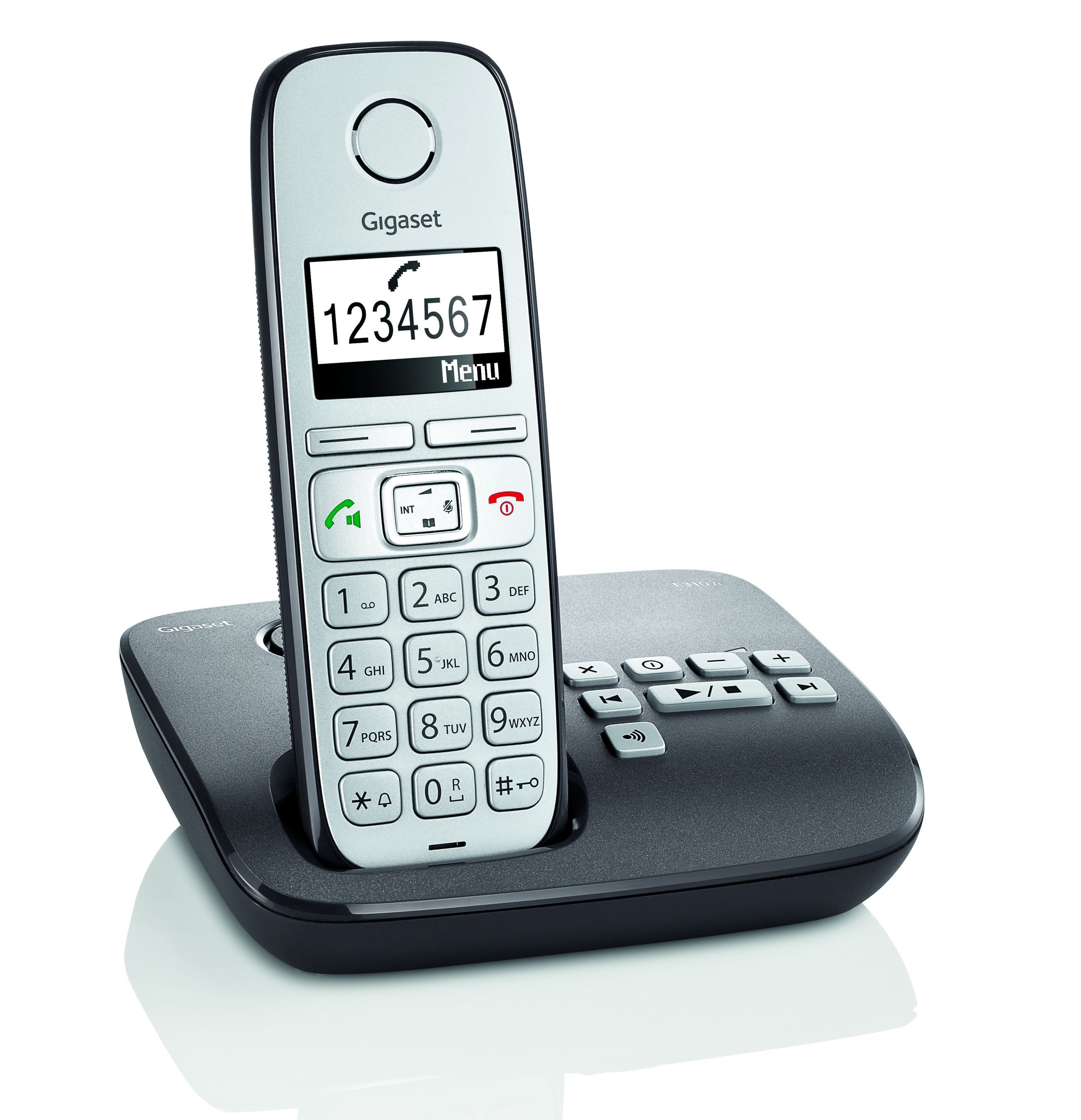 Gigaset E310A, DECT-Telefon, Freisprecheinrichtung, 120 Eintragungen, Anrufer-Identifikation, Schwarz, Grau