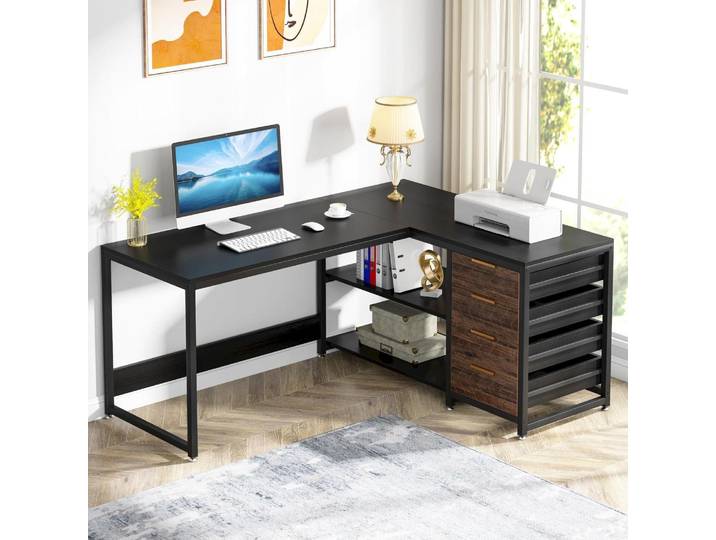 L-förmiger Schreibtisch mit 4 Schubladen und 2 Ablagen, 155x110x75cm, Schwarz