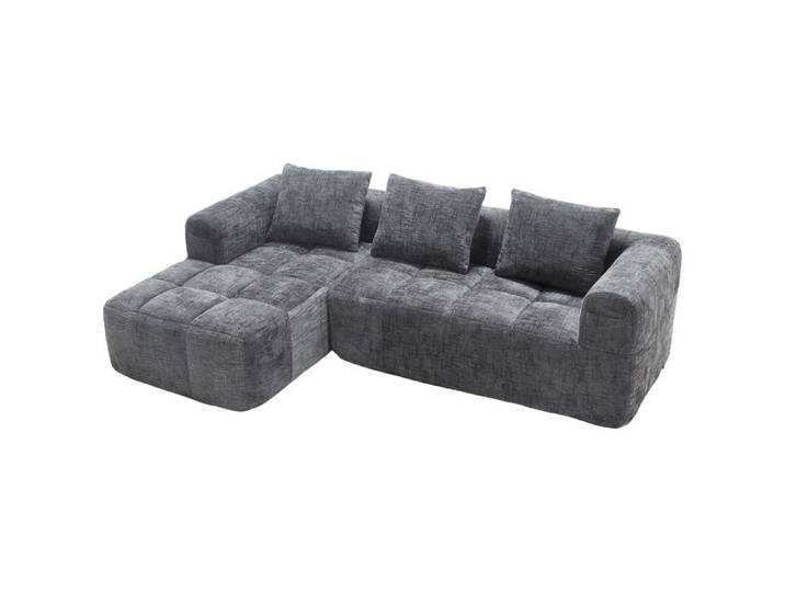 ULEVR canapé d angle modulaire 3 places 250 x 158 cm - avec méridienne poches latérales et 3 coussins gris chenille
