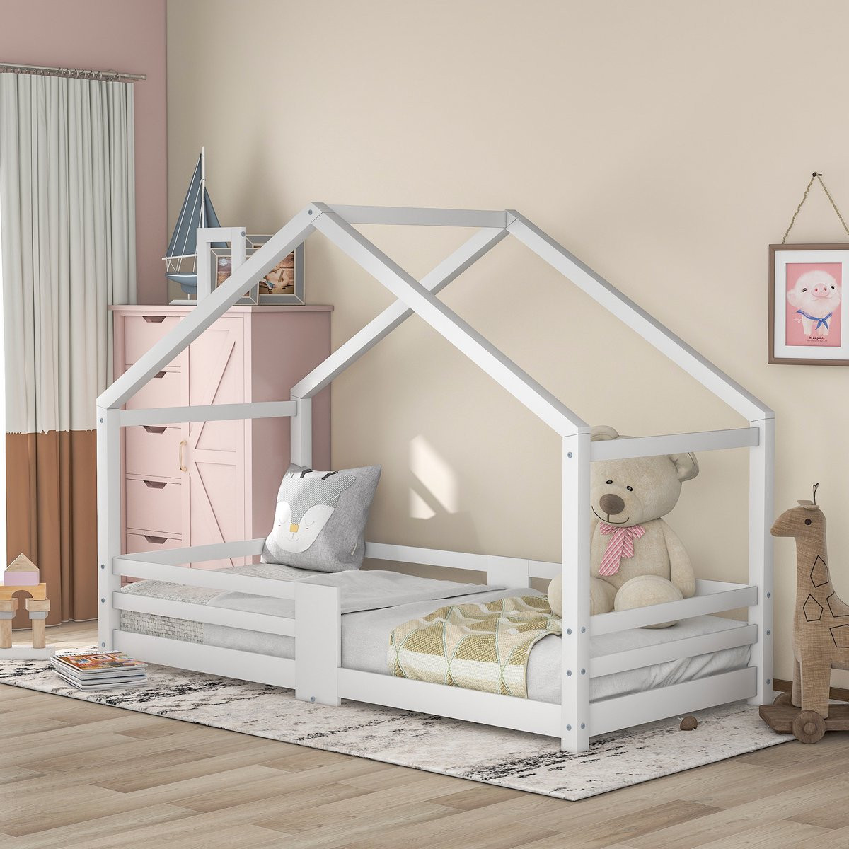 FloraGrace Kinderbed 90x200 cm - Huisbed met Schoorsteen en Uitvalbeveiliging - Massief Hout - Wit
