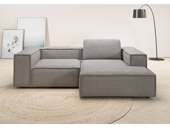 Ecksofa, 246x171 cm, Feincord, Grau, Kompakt & Platzsparend, Modern