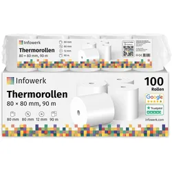 Infowerk Thermorollen / Kassenrollen, 100 Rollen, 80mm x 80mm x 12mm, 90m, PEFC zertifiziert, Für EPSON, IBM, u.v.m.