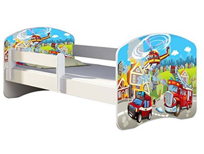 ACMA Kinderbett 160x80 Jugendbett mit Matratze, Rausfallschutz, Lattenrost Weiß, stabil, Kinderzimmer Bett, Jugendmöbel Design 36 Feuerwehr