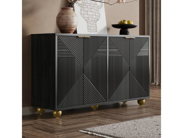 REDOM Sideboard Schrank mit graviertem Muster & goldenen Details (Packung, 1 St., Schwarz, 120×71,5×35 cm, goldene Kugelfüße), elegante Licht- und Schatteneffekte, Vintage-Touch