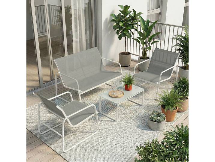 Outsunny Salon Jardin 4pcs Canapé 2 Places Fauteuils Table Verre Gris