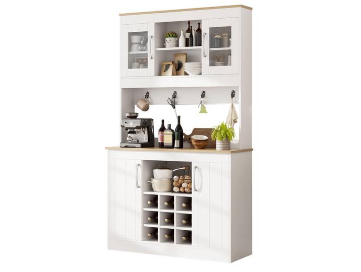 Evryae Buffet Küchenschrank mit Glastüren Weinregal und Hakenleiste für Küche Esszimmer Weiß Natur, Metall, Glas, 5 Fächer, Rechteckig, 106x175x39 cm, Esszimmer, Anrichten, Buffetschränke